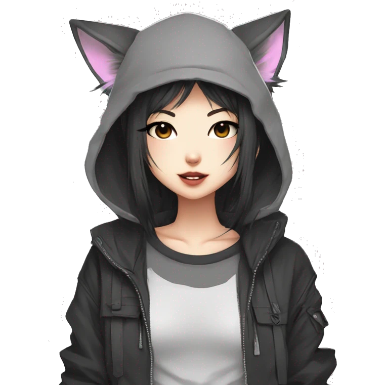 Edgy cool shy Asian urban beautiful pretty anime punk tomboy with cat ears techwear cargo pants hoodie collar  emoji