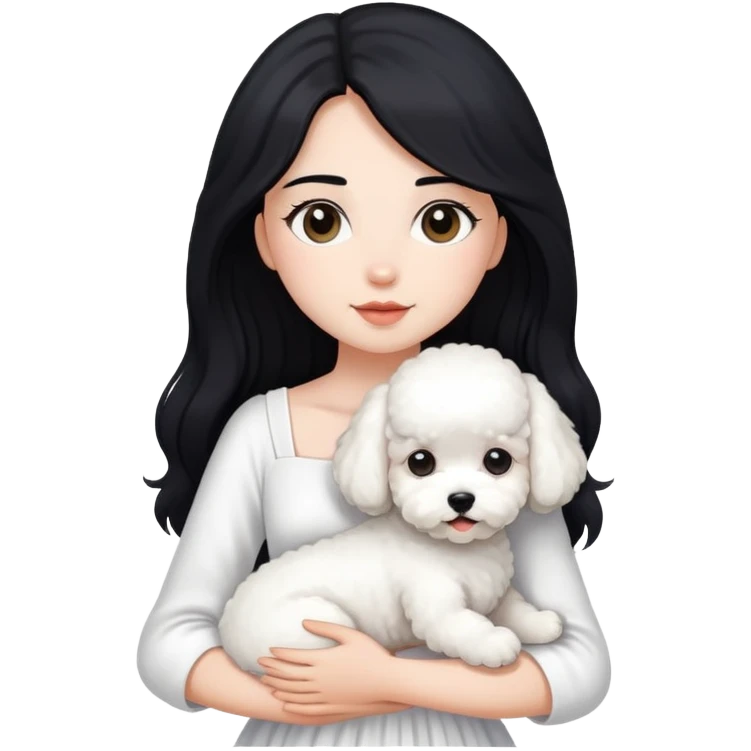 A beautiful girl with long black hair wearing a white dress holds a small white Bichon Frise in her arms emoji