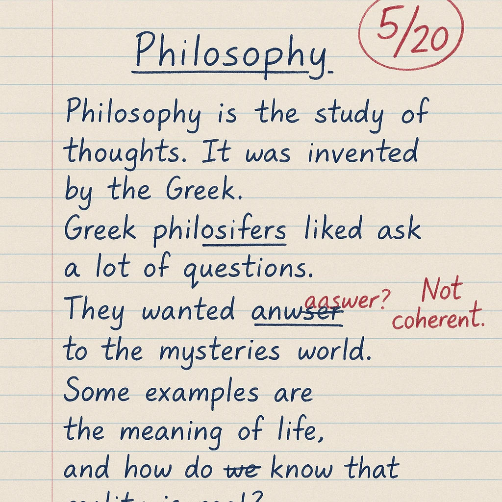handwritten high school philosophy paper on lined notebook paper, blue or black ink, grade 5/20 circled in red at the top, teacher's comment in red pen, some corrections and underlines emoji
