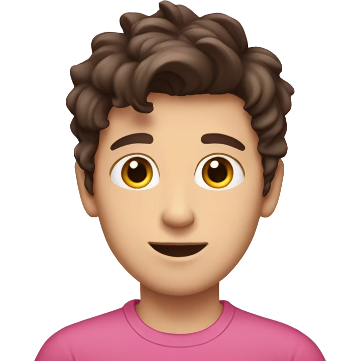 White boy with dark brown hair flipped to the side. Pink shirt.  emoji