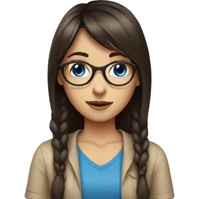 Dark brown long hair bangs girl with blue eyes, in beige shirt and glasses emoji