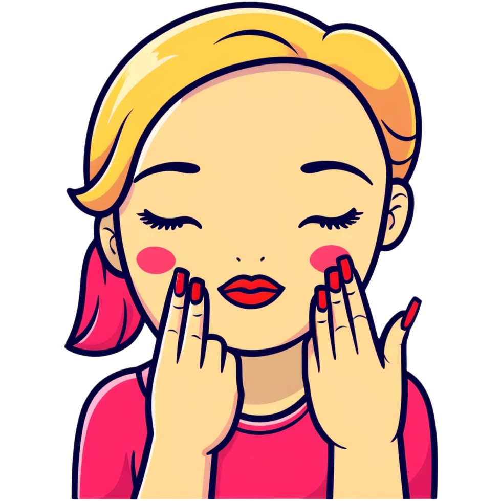 A cute face with closed eyes that form upward curved lines, eyelashes, pursed lips with lipstick, and a hand gesture with only the thumb out while other fingers are closed, all nails painted emoji