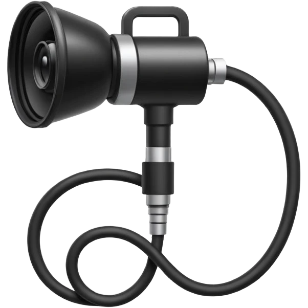 Apple emoji style icon of an endoscope. A minimalist coiled black tube ending in a glowing camera tip. Glossy, rounded emoji