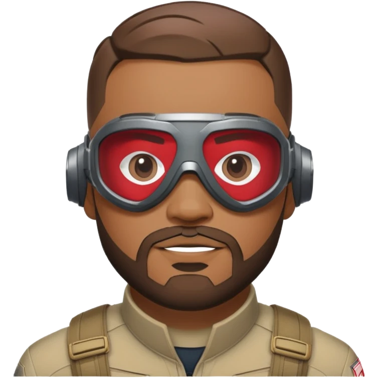 sam wilson with very short, neatly cropped and a well-groomed beard that connects to his mustache,  wear sleek, red-tinted tactical goggles fit snugly from captain america: civil war emoji