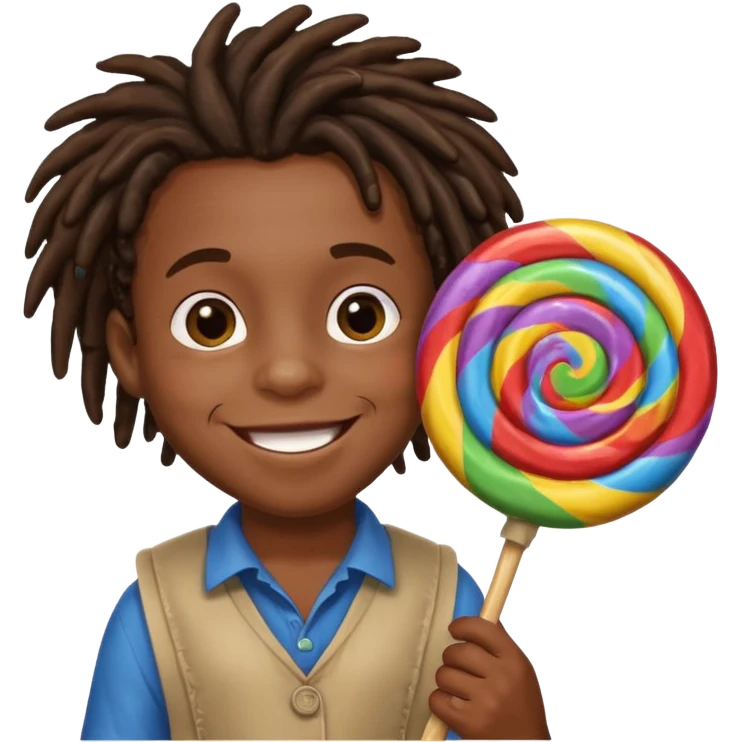 A small black dread lock hair boy holding a giant lollipop, smiling with sticky cheeks. emoji