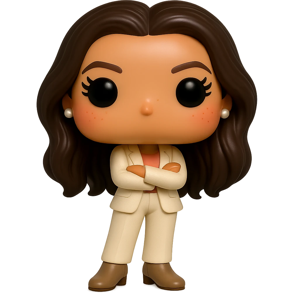 Create a Funko Pop style vinyl figure of Eva Longoria with ultra high quality details: luminous smooth tanned skin, extremely detailed dark hair, hyper-textured feminine cream suit (jacket and pants), small pearly earrings, greige leather boots clearly visible, arms crossed, rosy cheeks, very discreet freckles, eyelashes, mischievous and cheerful expression, no mouth, transparent background. emoji