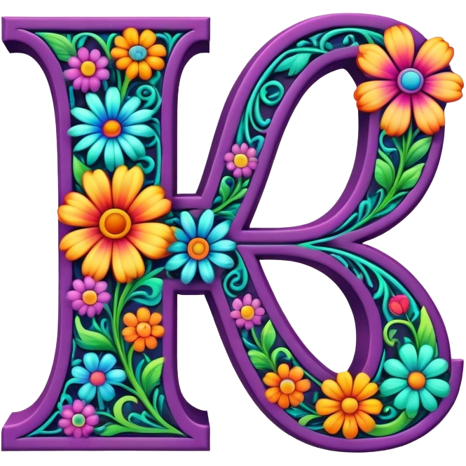 3D, gothic style psychedelic colored capital Letter L with hippie style flower border emoji