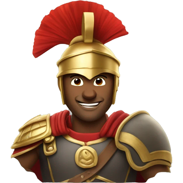 n apple emoji, of a very smiling man, who looks like a Roman warrior with a gold helmet with a red crest, background in png, no light or shadow emoji