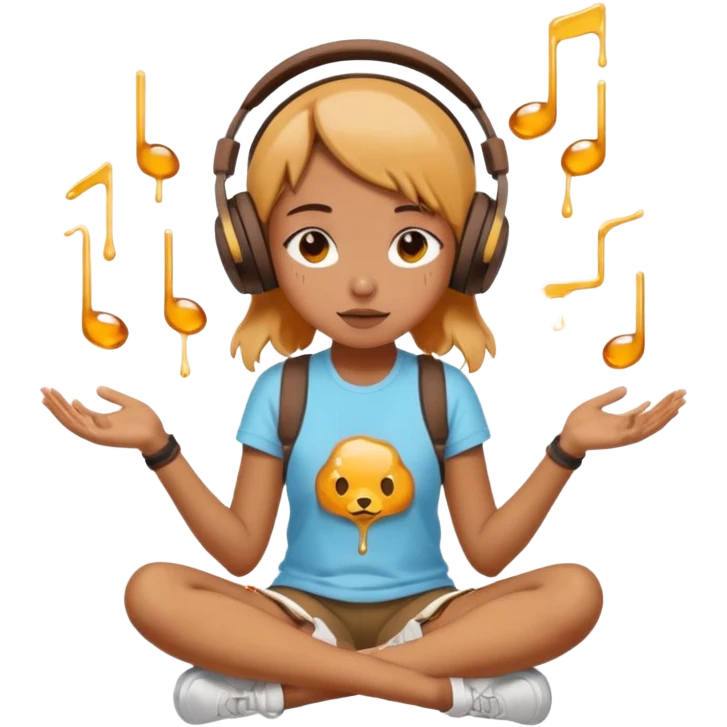This girl(🧘🏻‍♀️) is sitting cross-legged in a meditation pose, wearing headphones(🎧) and listening to music. The song is so good that honey is dripping from her ears, and her expression is completely dazed because she’s enjoying the music so much. emoji