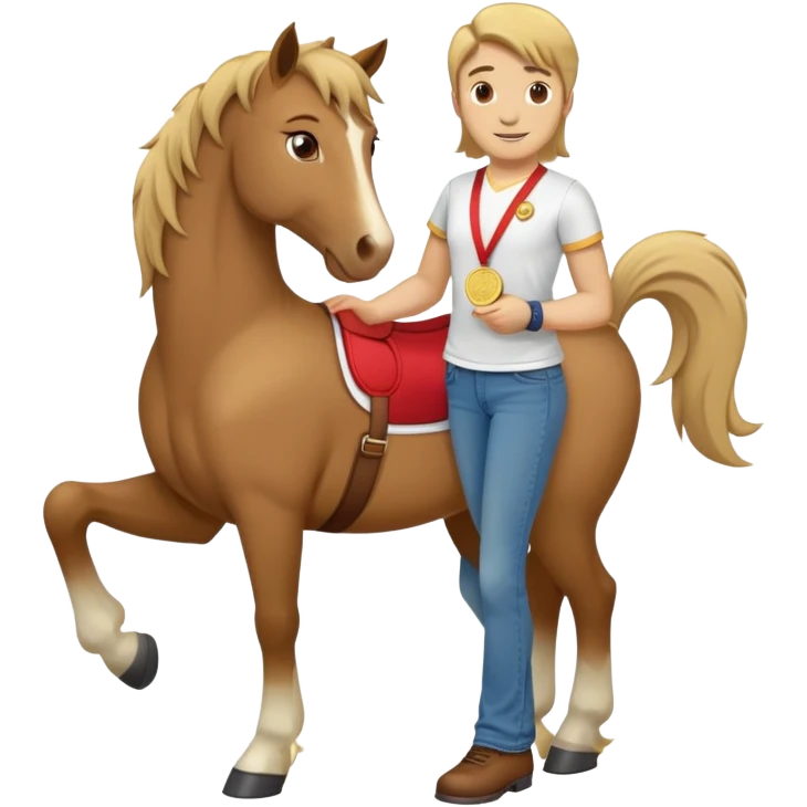friendly anthropomorphised stallion in jeans and a t-shirt, standard pose, wearing a gold medal emoji