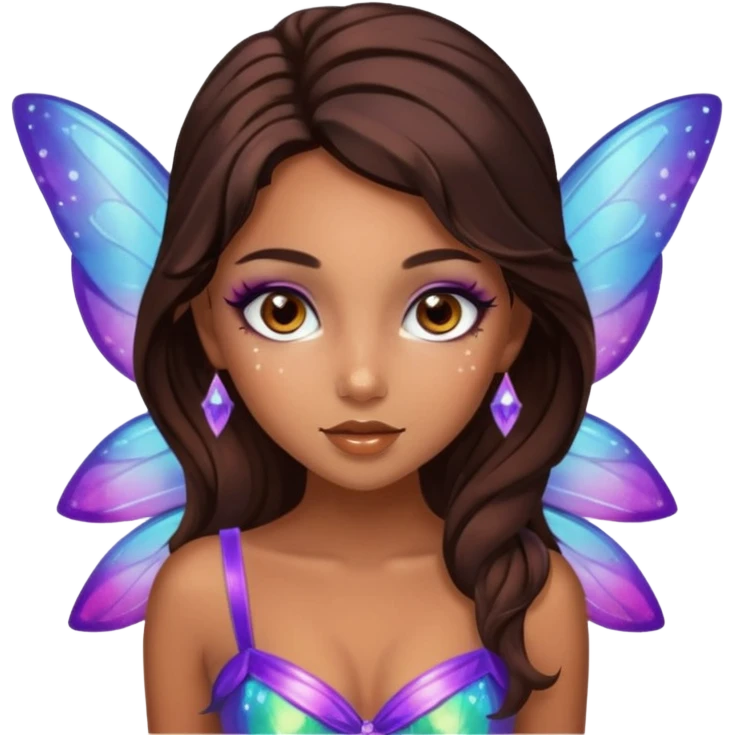 Pretty girl with caramel skin. Dark brown hair and brown eyes. She has freckles. Wearing sexy makeup. Wearing a fairy costume. wearing heels emoji