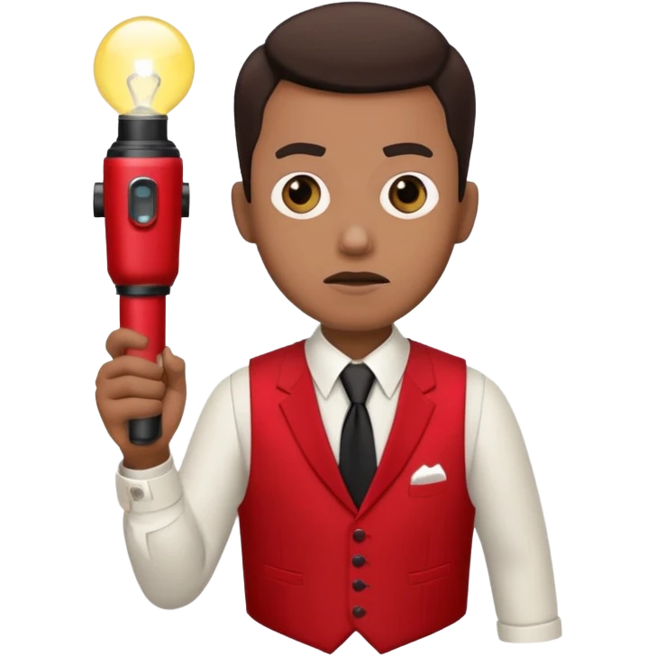 Movie theatre usher in red vest and black tie with normal flashlight looking scared emoji