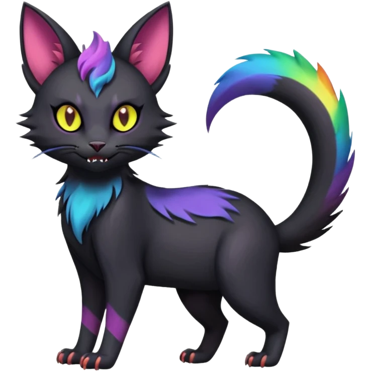 Obsidian-pitch-Black with rainbow-markings edgy Noibat-Purloin-Torracat-Lykoi-Caracal-cat-Fakemon-fusion-hybrid-creature emoji