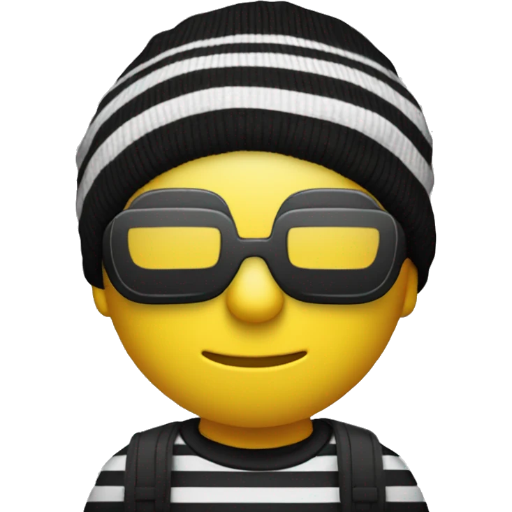 yellow man with blindfold with eyes out black beanie black and white striped shirt sack of money hanging over shoulder emoji