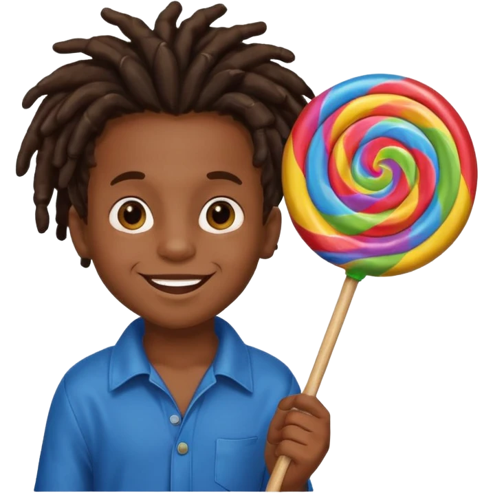 A small black dread lock hair boy holding a giant lollipop, smiling with sticky cheeks. emoji