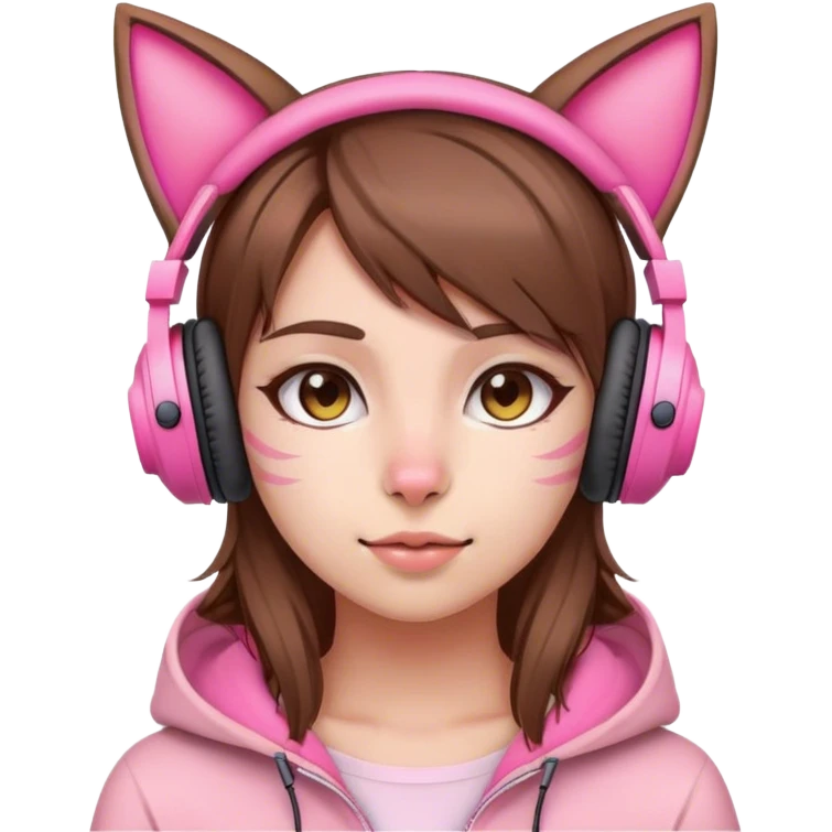 brown haired gamer girl wearing pink cat ear headphones emoji