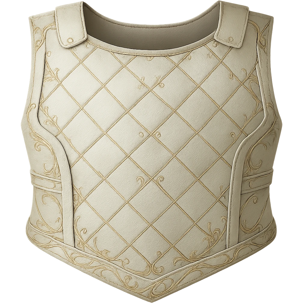 Recolor the armor to a very light metallic silver color with subtle, elegant gold engravings. The gold should be soft and not too yellow or green, matching the gold tone and style of the provided silver shield reference. Transparent background. emoji