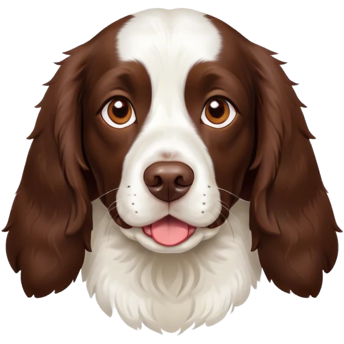 Cinematic Cute Springer Spaniel Portrait Emoji, Head tilted playfully and inquisitively, featuring a vibrant Fur of liver and white with a natural sheen, round, sparkling brown eyes filled with curiosity, Simplified yet irresistibly adorable features, highly detailed, glowing with a warm, friendly glow, high shine, affectionate and lively, stylized with a touch of whimsy, bright and endearing, soft glowing outline, capturing the essence of a mischievous yet loving pup, so playful it feels like it could frolic out of the screen and into your arms! emoji