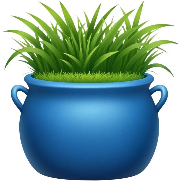 a small blue cachepot without handles with grass leaves gathered in a pile. emoji