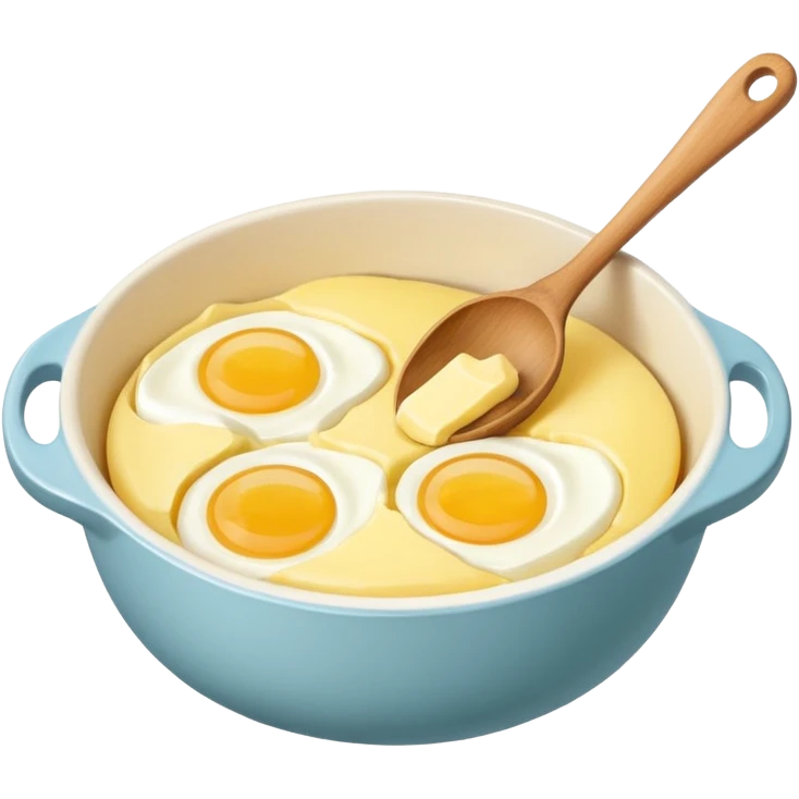 A carton of eggs, butter and a cream ceramic baking bowl with a wooden spoon in it emoji
