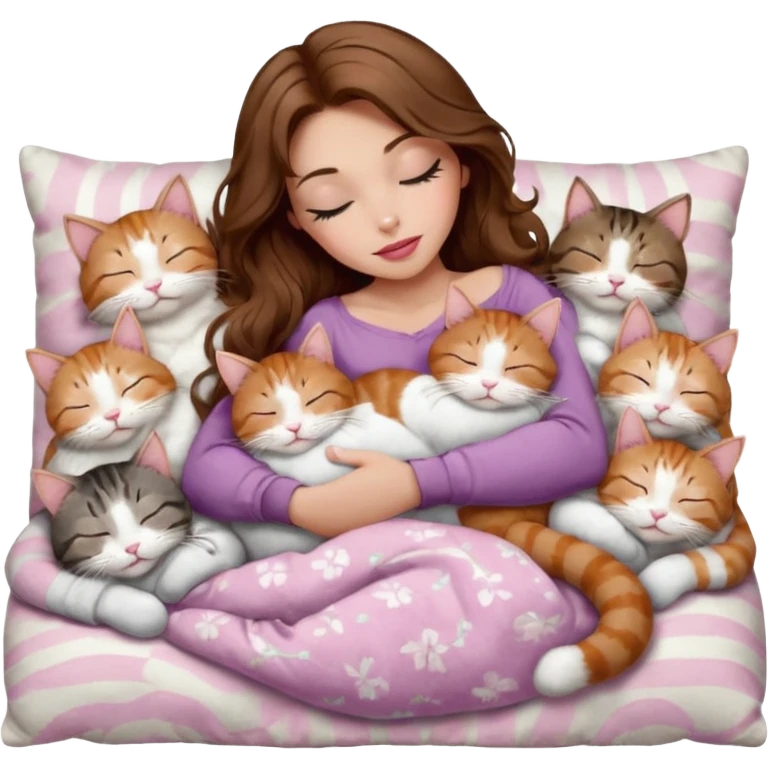 girl with long wavy brown hair, brown eyes, long lashes makeup, sexy pink lips, light to medium complexion,  sleeping on a cozy pillow, with 6 cats: 1 brown and white tabby cat, 1 ginger and white, 2 grey and white, 1 grey with white mittens and small white patch on chest and 1 calico, sleeping emoji