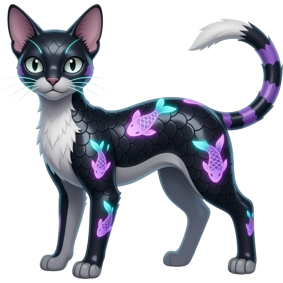 Realistic slim smooth oily shiny glossy elegant Abyssinian bioluminescent dull, scaly furry oil-blackish oily greyish, purplish, whitish abyss-fantasy-Zorua-Sprigatito-Absol-feline-Fakémon-fusion, with thin neon-glowing bulb-whiskers, koi-patterned full body emoji