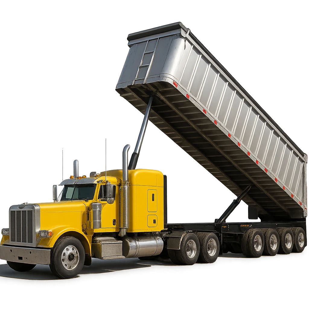 highly photorealistic long silver end dump trailer in the raised dump position, attached to a yellow semi sleeper truck, detailed textures, realistic lighting emoji