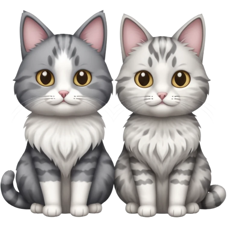 a very fluffy grey and white cat sitting next to another cat emoji