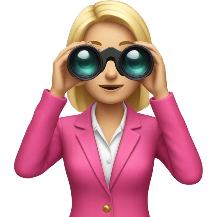 white female employee with loose blonde hair wearing intensive color pink suit looking in binoculars emoji
