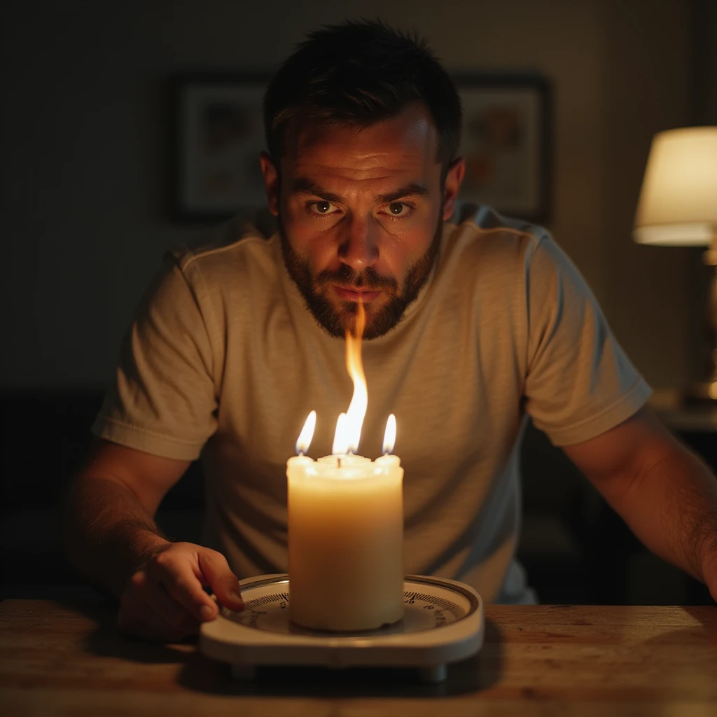 hyperrealistic 4K scene of a man blowing out candles and immediately weighing himself on a scale, surprised or worried expression, home environment emoji