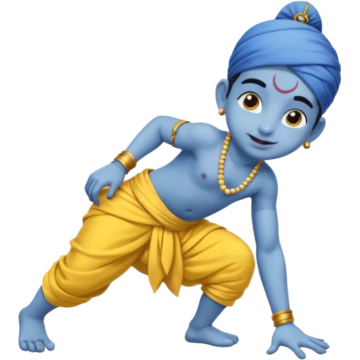 Kid Krishna, crawling, mischievous expression, blue skin emoji