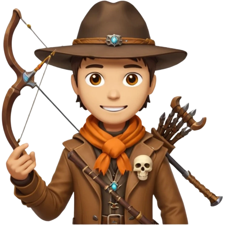 male human monster hunter emoji, wearing brown leather coat and wide hat, holding crossbow, with amulet shaped like skull, Halloween fantasy theme, confident smile, orange scarf, Apple emoji style, clean white background, square image emoji