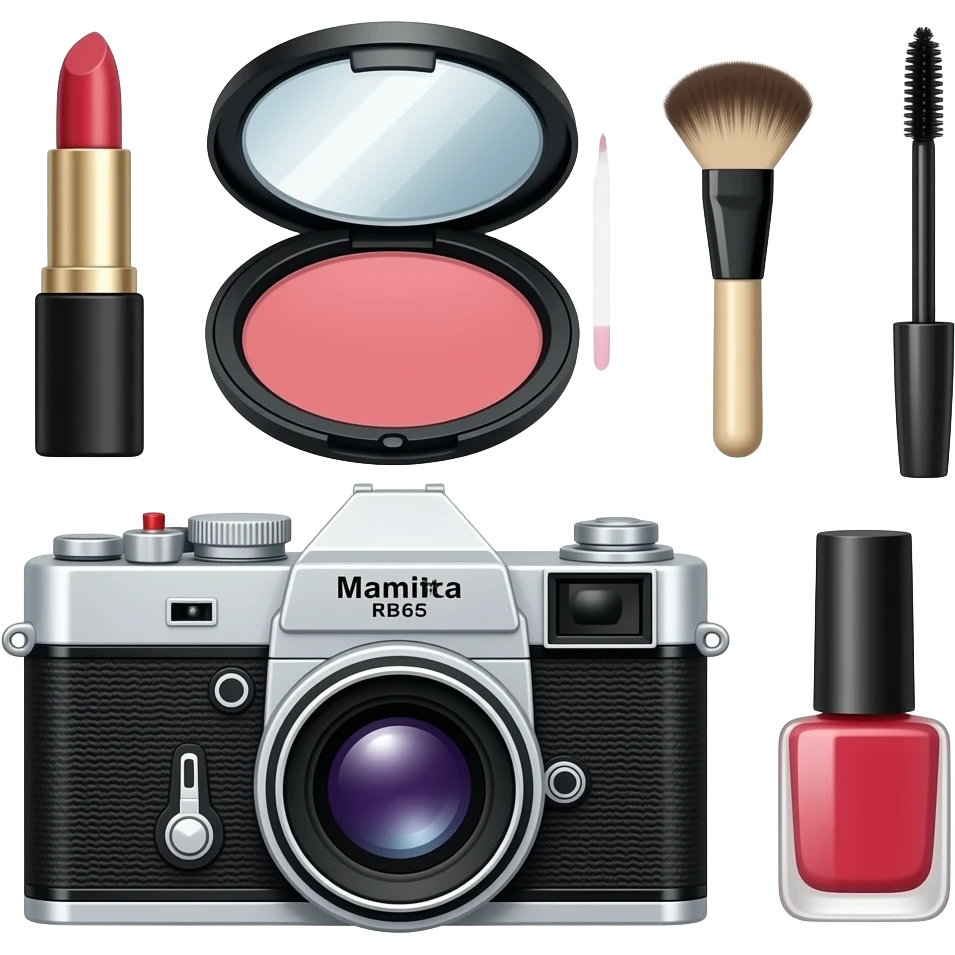 composition of make-up accessories with vintage photo-camera Mamiya RB67 emoji