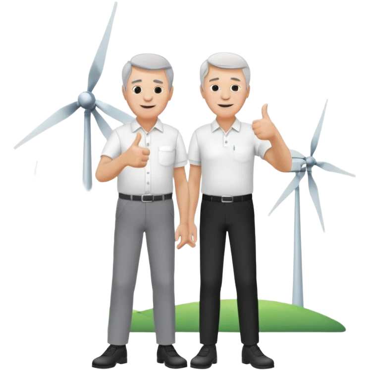 an older white man with grey hair and a white shirt and black pants doing a thumbs up pose, standing next to a single silver wind turbine emoji