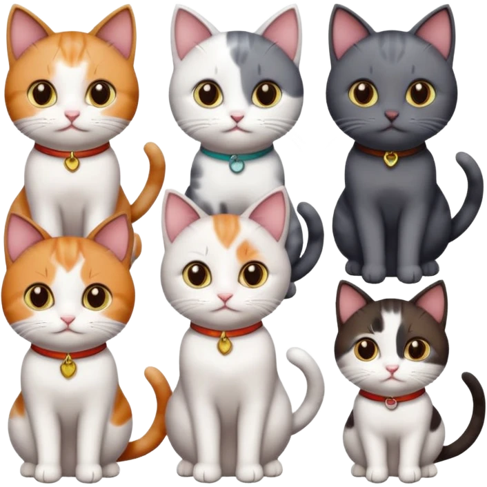 5 different coloured short haired cats including; a dark brown and white cat, and a dark grey and white, and a calico emoji