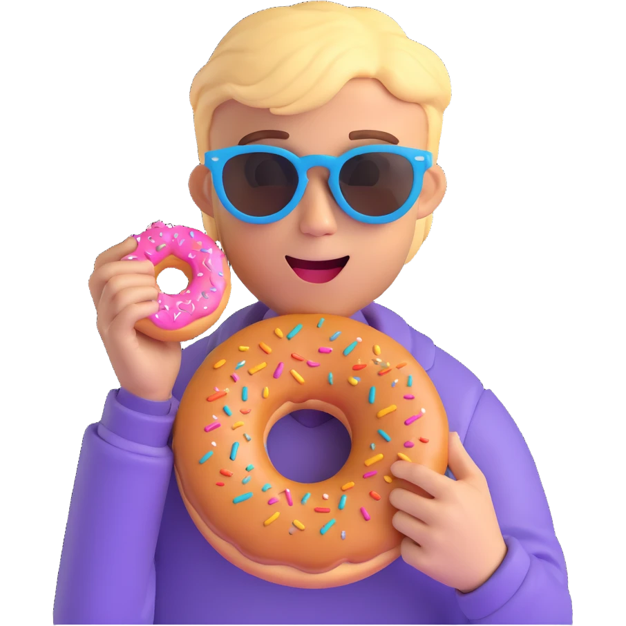 Add sunglasses to Justin Bieber while he holds a donut, keep 3D emoji style, no background, sunglasses added on face, donut in hand visible clearly. emoji