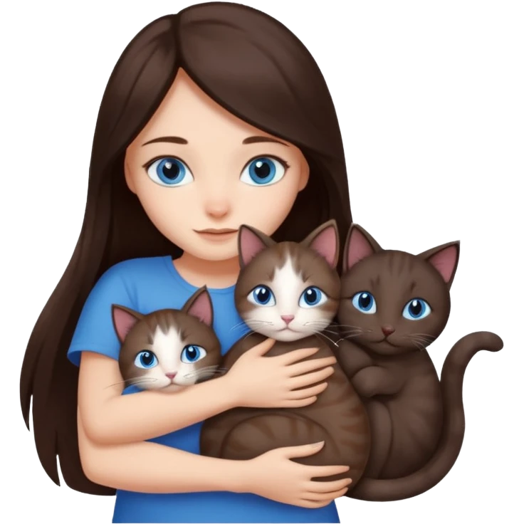 a girl with long dark 
brown hair, with blue eyes, hugs 3 different natural coloured cats emoji