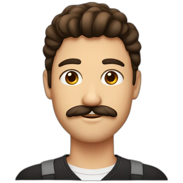 un chico de 22 años con el pelo corto, rizado y café oscuro, con los ojos marrones y bigote emoji