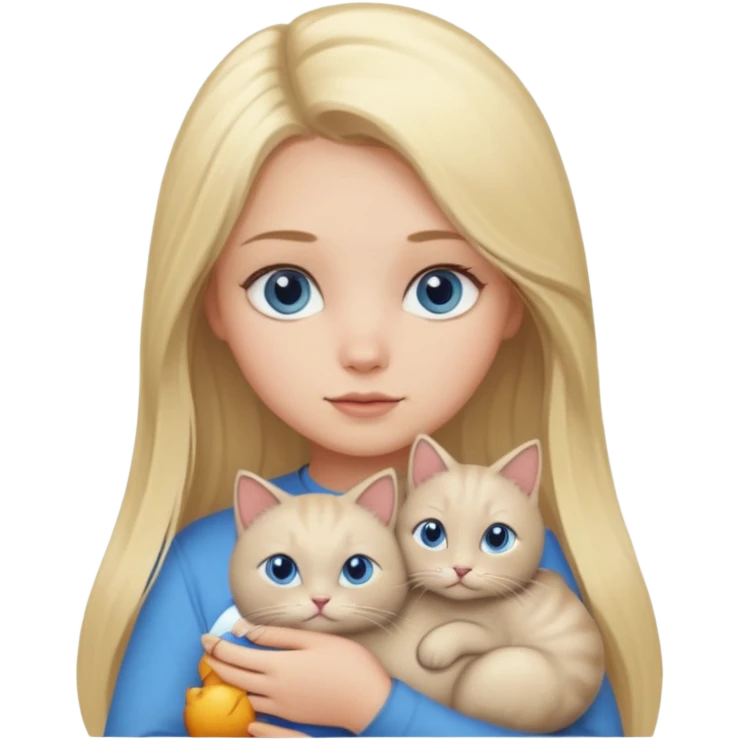blonde girl with long blonde hair and blue eyes with chubby gray cat emoji