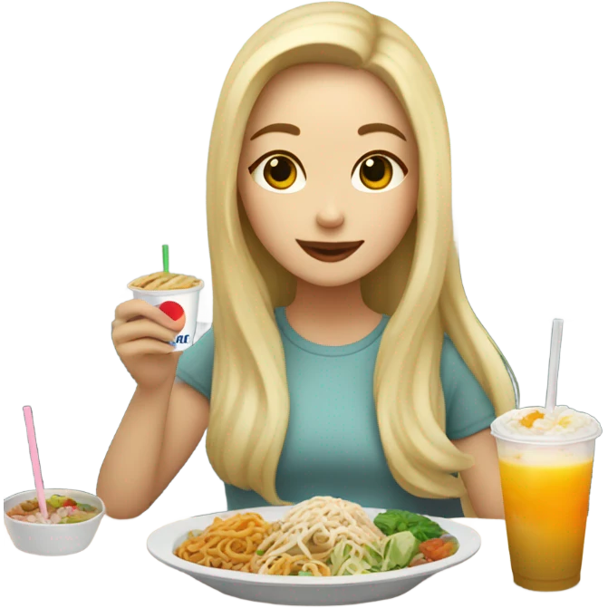  Blonde long hair girl eating Korean food and drinking boba emoji