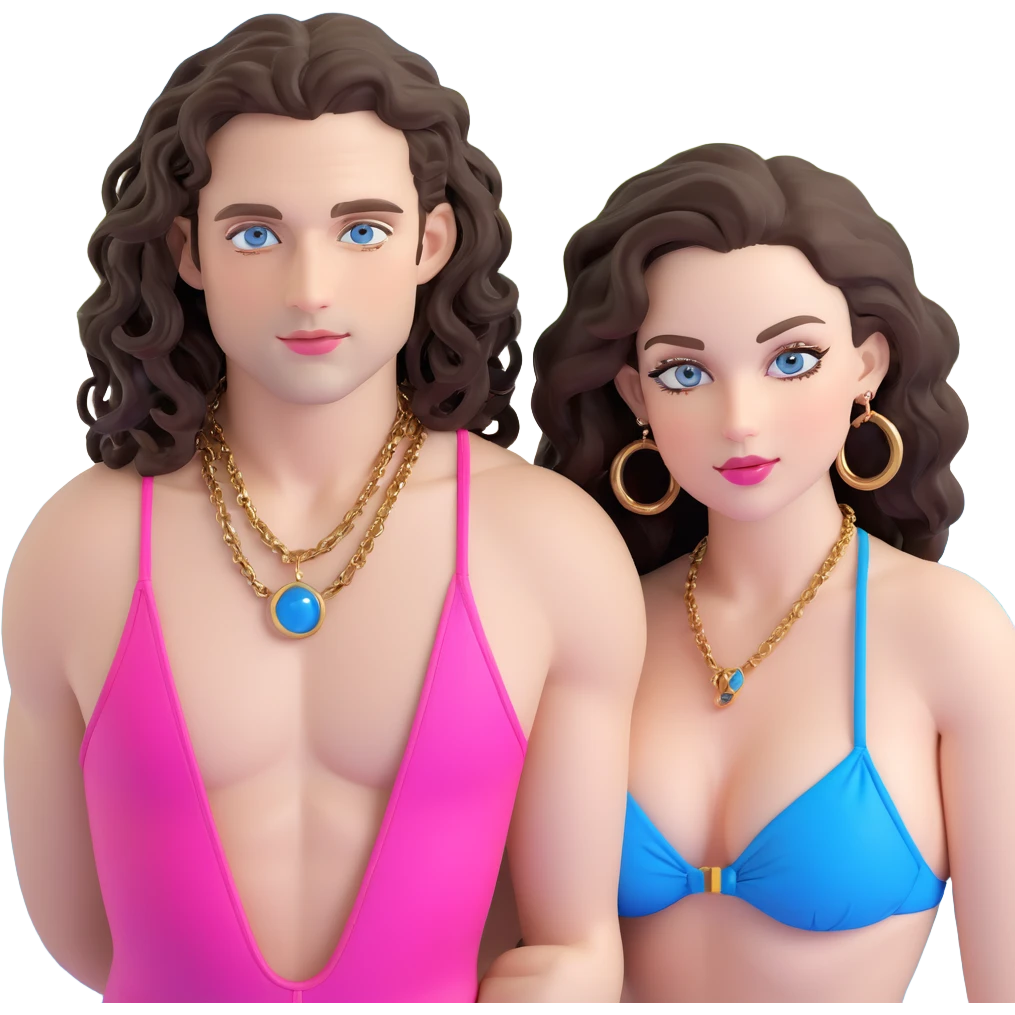 attractive couple on sunny beach, ocean background, curvier woman with fuller figure, big blue-grey eyes, long lashes, pale skin, pink lips, long voluminous dark brown curls, gold hoop earrings, tiny string bikini on her plumper body, next to handsome man with intense blue-grey eyes, chiseled features, pale skin, confident smirk, dark brown styled hair, gold chain, minimalist swimwear, both lounging on sand emoji