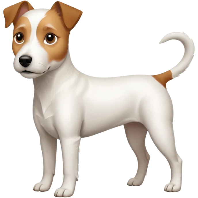 a full body white parson russell looking dog the size of a kelpie with light brown ears and a light brown patch on one eye and a large snout emoji