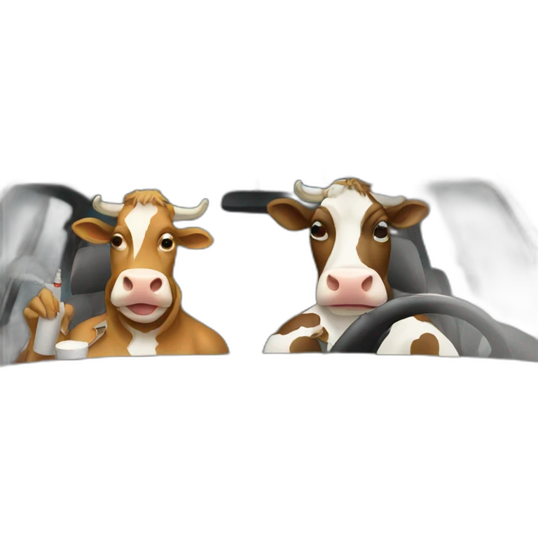 Two cows driving in a car and smoking cigarette emoji