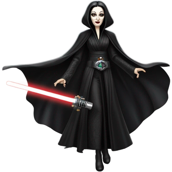 Jedi Morticia Addams flying a Jumpspeeder anti-gravity repulsorlift powered by an imperial speeder steampunk  emoji