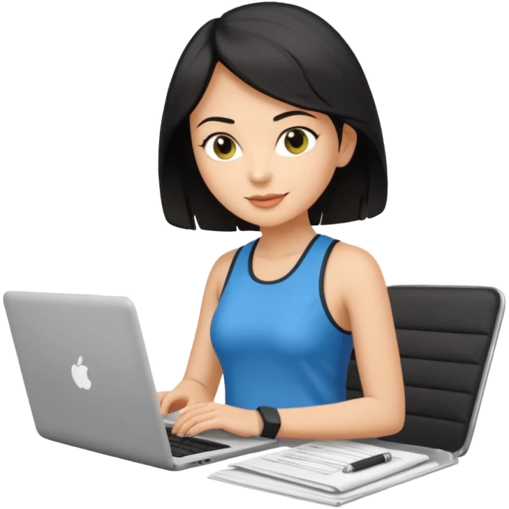 short white lady with black shoulder length hair who is a runner, used to be a teacher, and works remotely through a laptop as a documents engineering manager and is a vegan. emoji