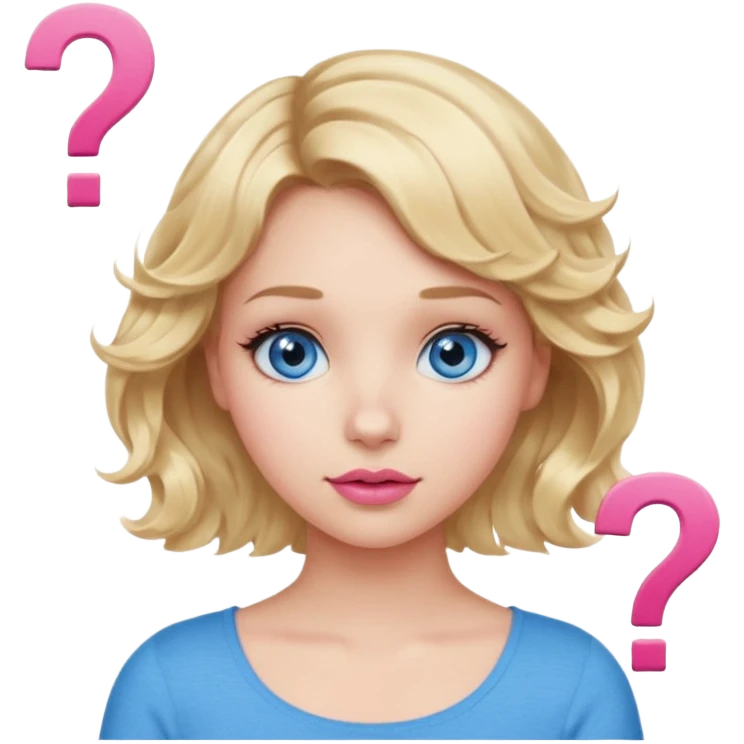 Girl Blonde short wavy hair,  blue eyes, cute blue top, long lashes, pink lips, question mark emoji