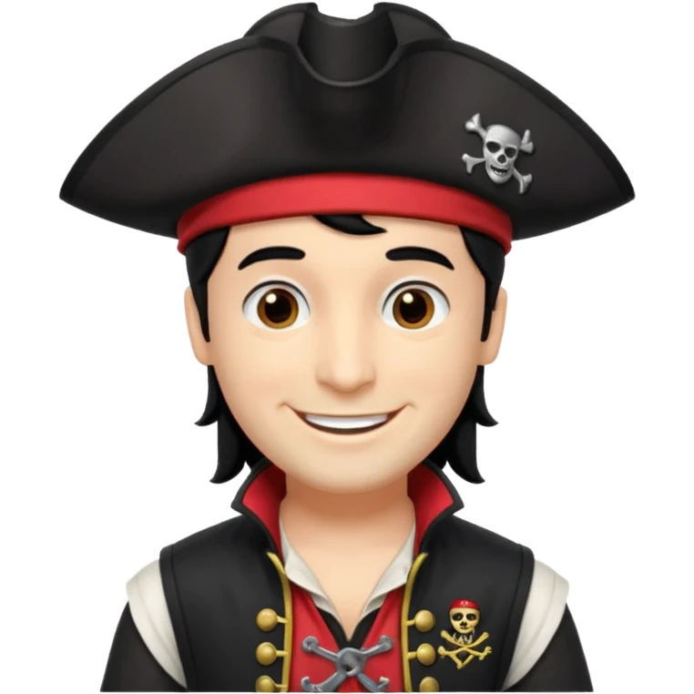Captain Feathersword of The Wiggles with light skin, brown eyes, black hair, black pirate hat, white pirate shirt with red vest emoji