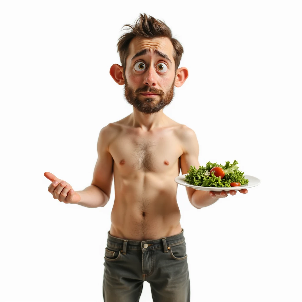 realistic man, thin and undefined physique, sad expression, plate with only salad, caption in Italian: “Mancanza di grassi salutari: effetti negativi su corpo e salute”, isolated on white background emoji