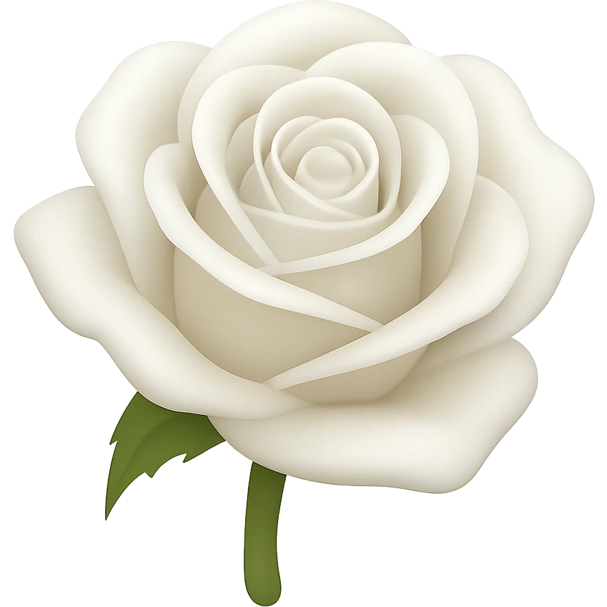 Create a 3D illustration of a white rose in the style of iOS Apple emoji, featuring volumetric petals and a realistic green stem, on a transparent square background. The style should mimic the Apple emoji look with detailed shading and smooth gradients. emoji