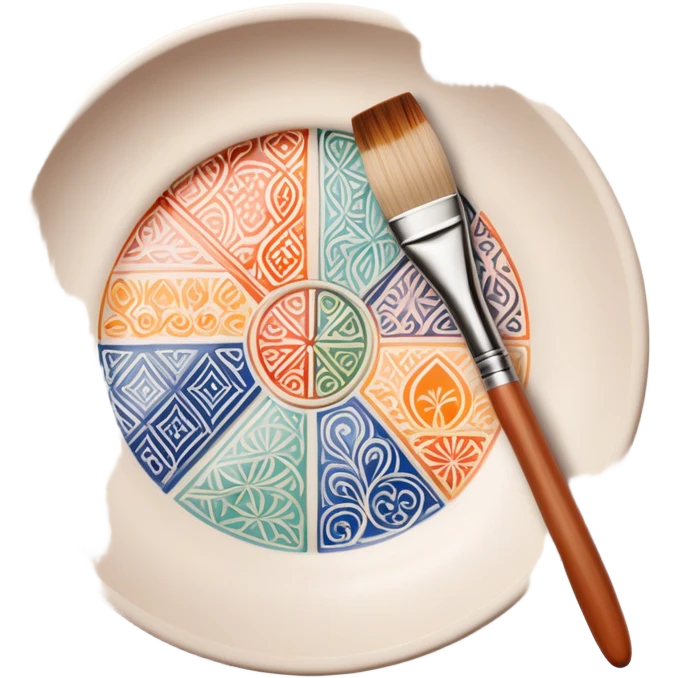 Ceramic painting icon, hand-painted ceramic plate or vase with intricate patterns, visible paintbrush, paint pots, and ceramic tools, colorful glaze, no finished artwork, just the painting process, minimalistic style, clean lines, transparent background. emoji